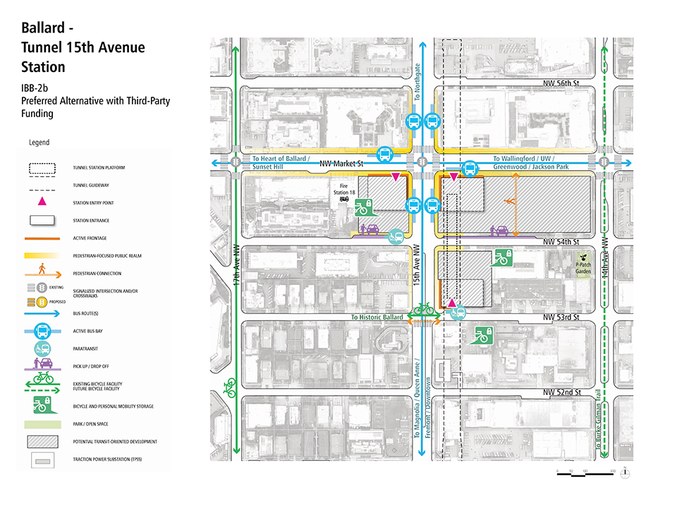 A map describes how pedestrians, bus riders, streetcar riders, bicyclists, and drivers could access the Ballard – Tunnel Fifteenth Avenue Station.